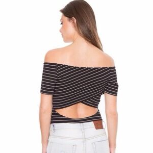 Kendall & Kylie Black & White Striped Off the Shoulder Cutout Open Back Bodysuit